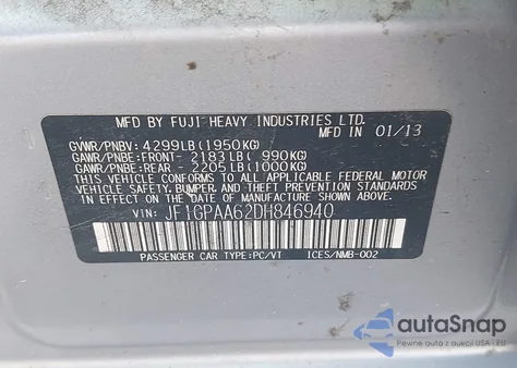 2013 Subaru Impreza 2.0I from USA, damaged, VIN JF1GPAA62DH846940